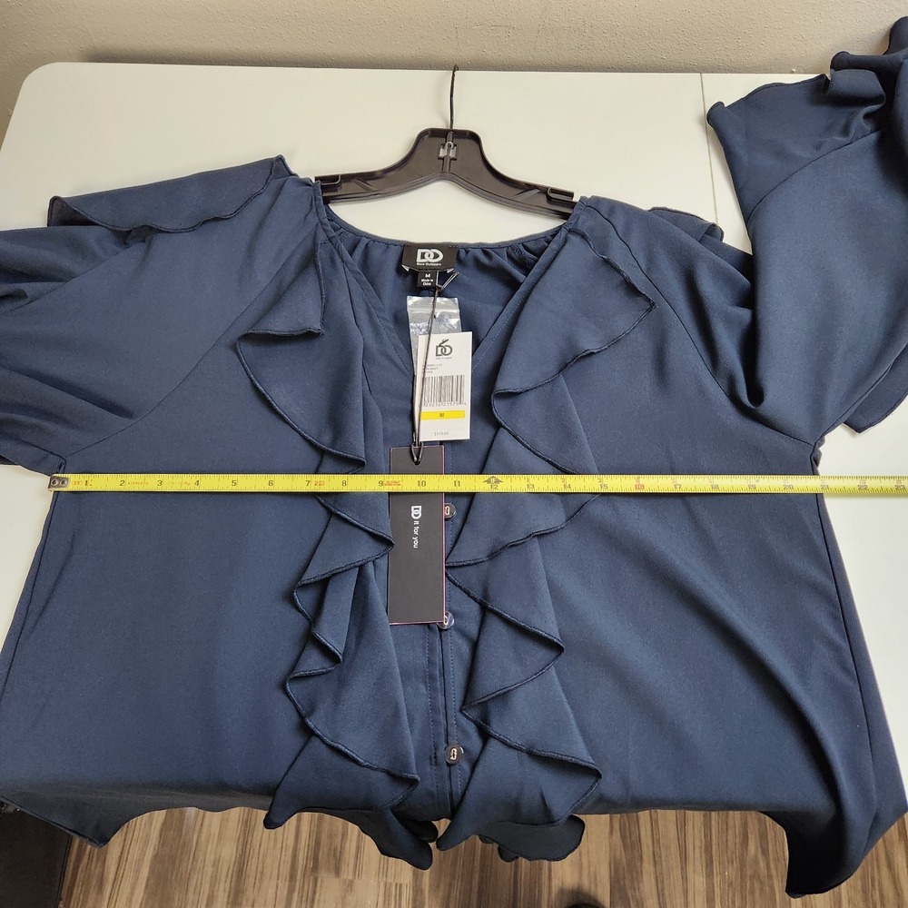 Dee Ocleppo Elysia Ruffle V Neck Button Up Navy Blouse Womens Size M NWT - Picture 7 of 9